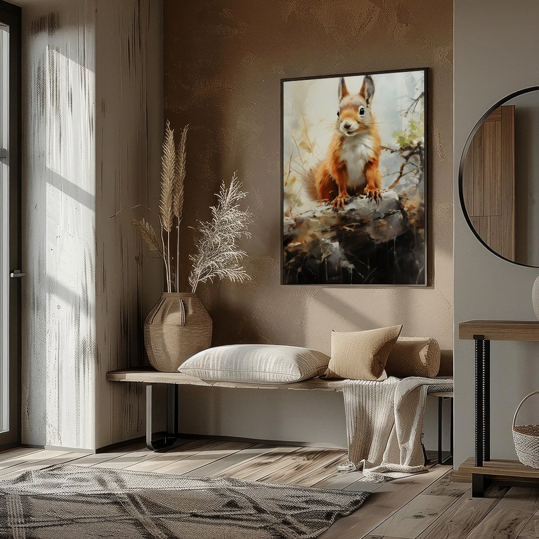 This charming artwork captures the curious spirit of a squirrel perched gracefully on a log. The for area