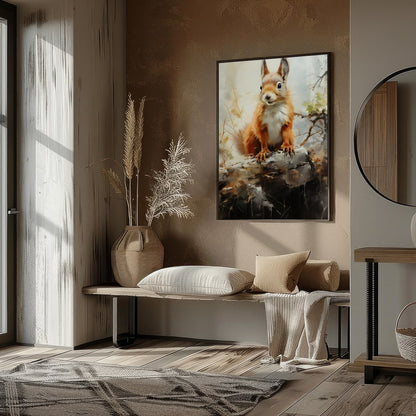 This charming artwork captures the curious spirit of a squirrel perched gracefully on a log. The for area