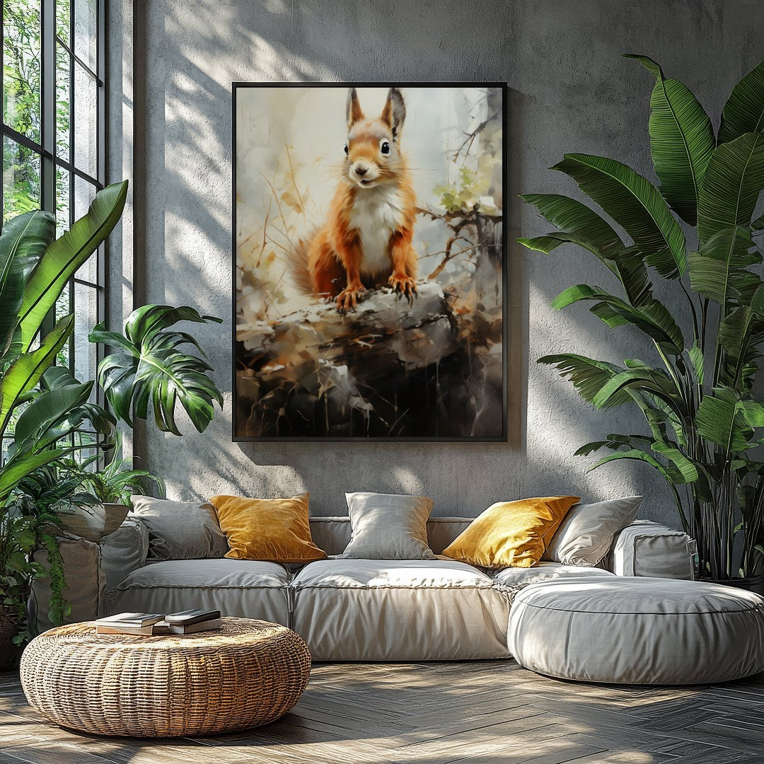 This charming artwork captures the curious spirit of a squirrel perched gracefully on a log. The for Balcony