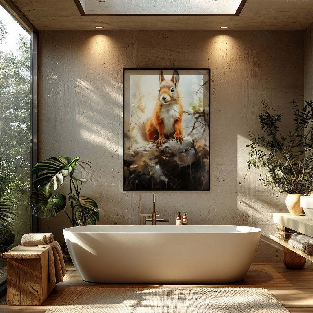 This charming artwork captures the curious spirit of a squirrel perched gracefully on a log. The for Bathroom