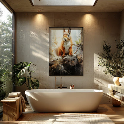 This charming artwork captures the curious spirit of a squirrel perched gracefully on a log. The for Bathroom