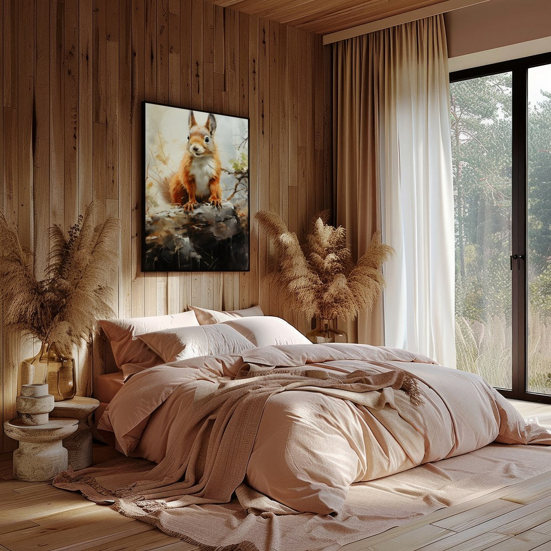 This charming artwork captures the curious spirit of a squirrel perched gracefully on a log. The for Bedroom