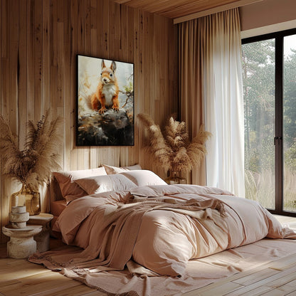 This charming artwork captures the curious spirit of a squirrel perched gracefully on a log. The for Bedroom
