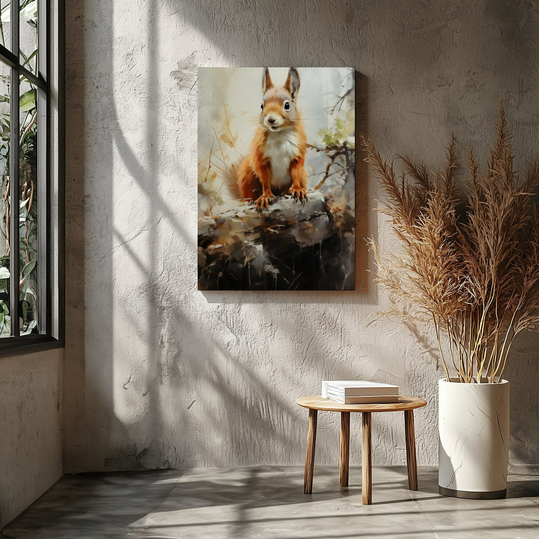 This charming artwork captures the curious spirit of a squirrel perched gracefully on a log. The for Entrance