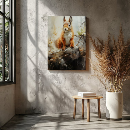 This charming artwork captures the curious spirit of a squirrel perched gracefully on a log. The for Entrance