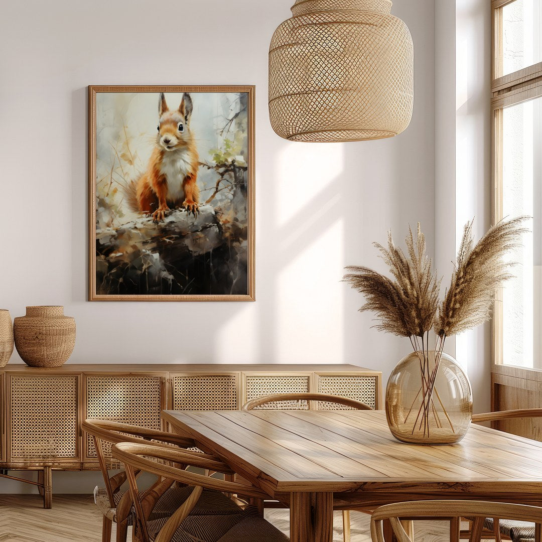This charming artwork captures the curious spirit of a squirrel perched gracefully on a log. The for Extra Kitchen