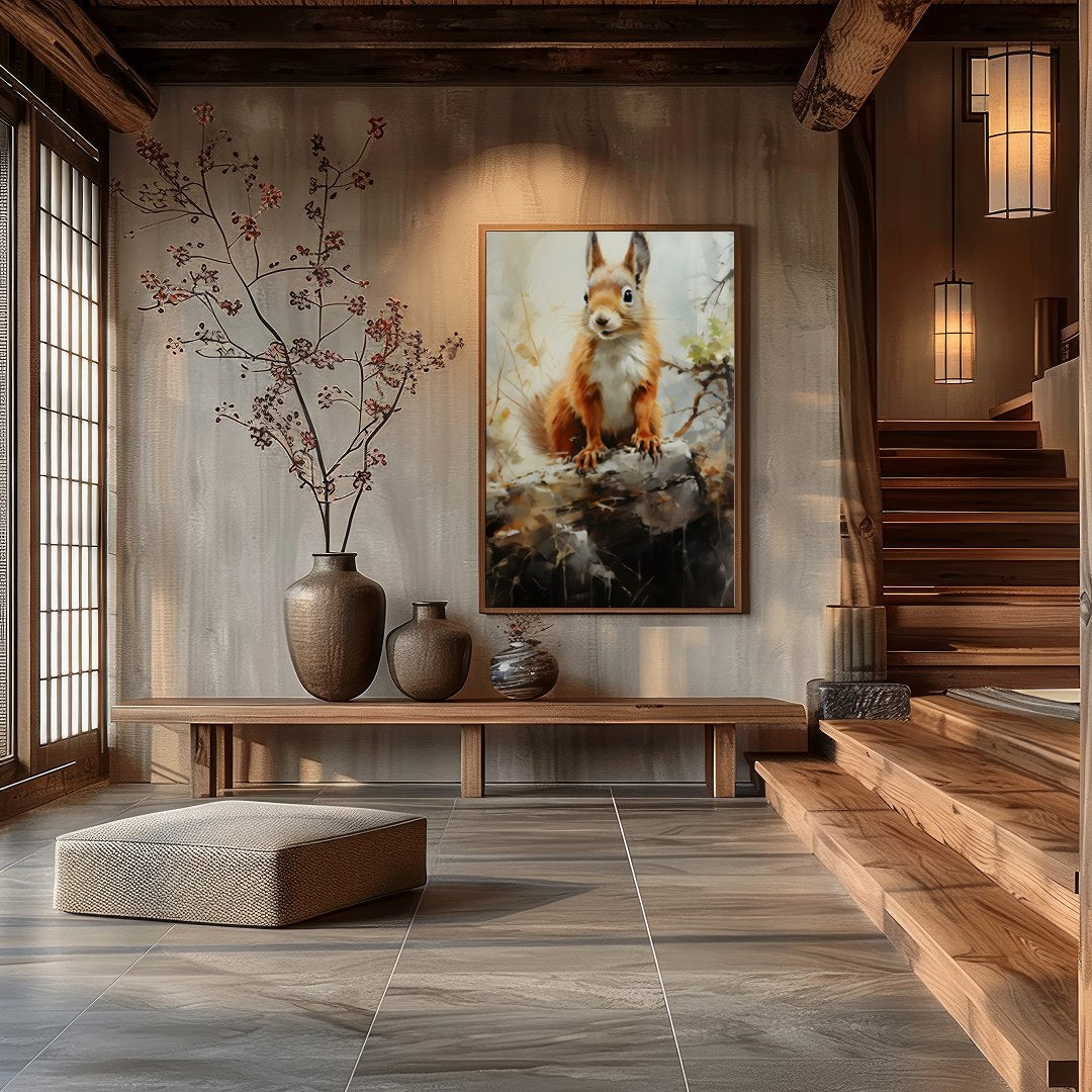 This charming artwork captures the curious spirit of a squirrel perched gracefully on a log. The for Hall
