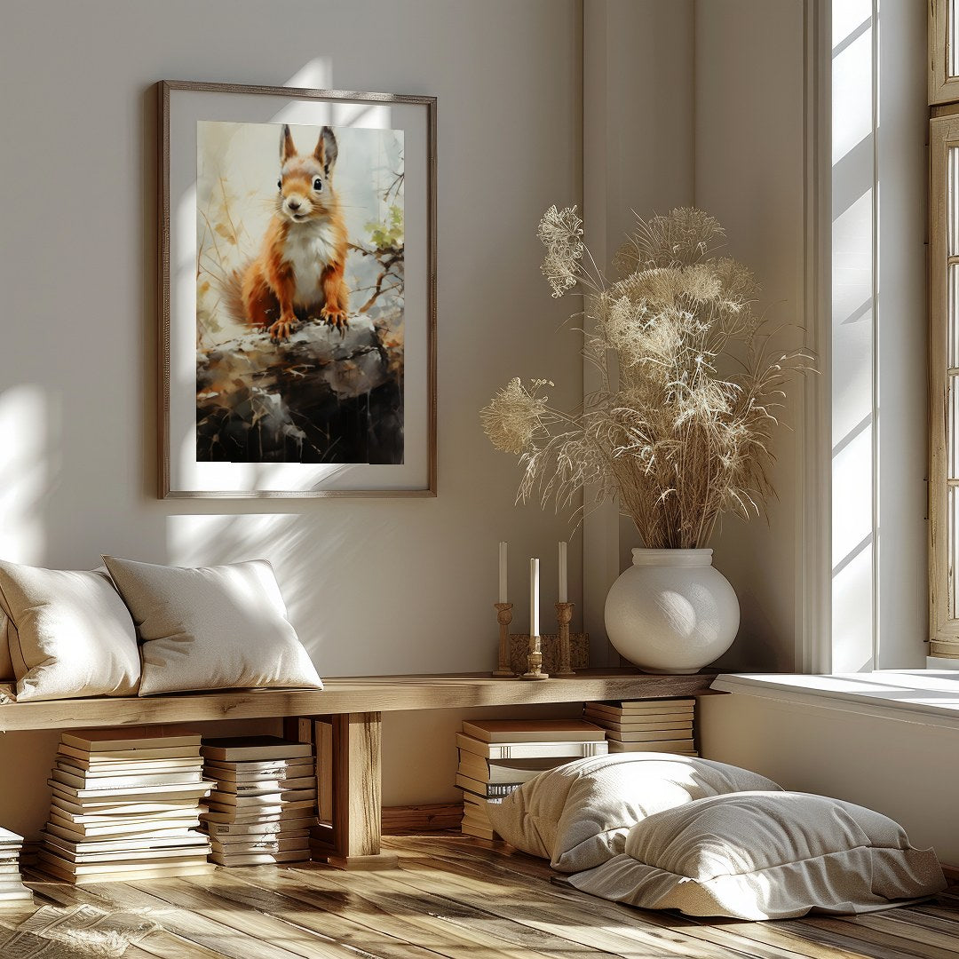 This charming artwork captures the curious spirit of a squirrel perched gracefully on a log. The for home