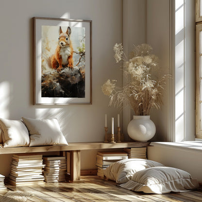 This charming artwork captures the curious spirit of a squirrel perched gracefully on a log. The for home