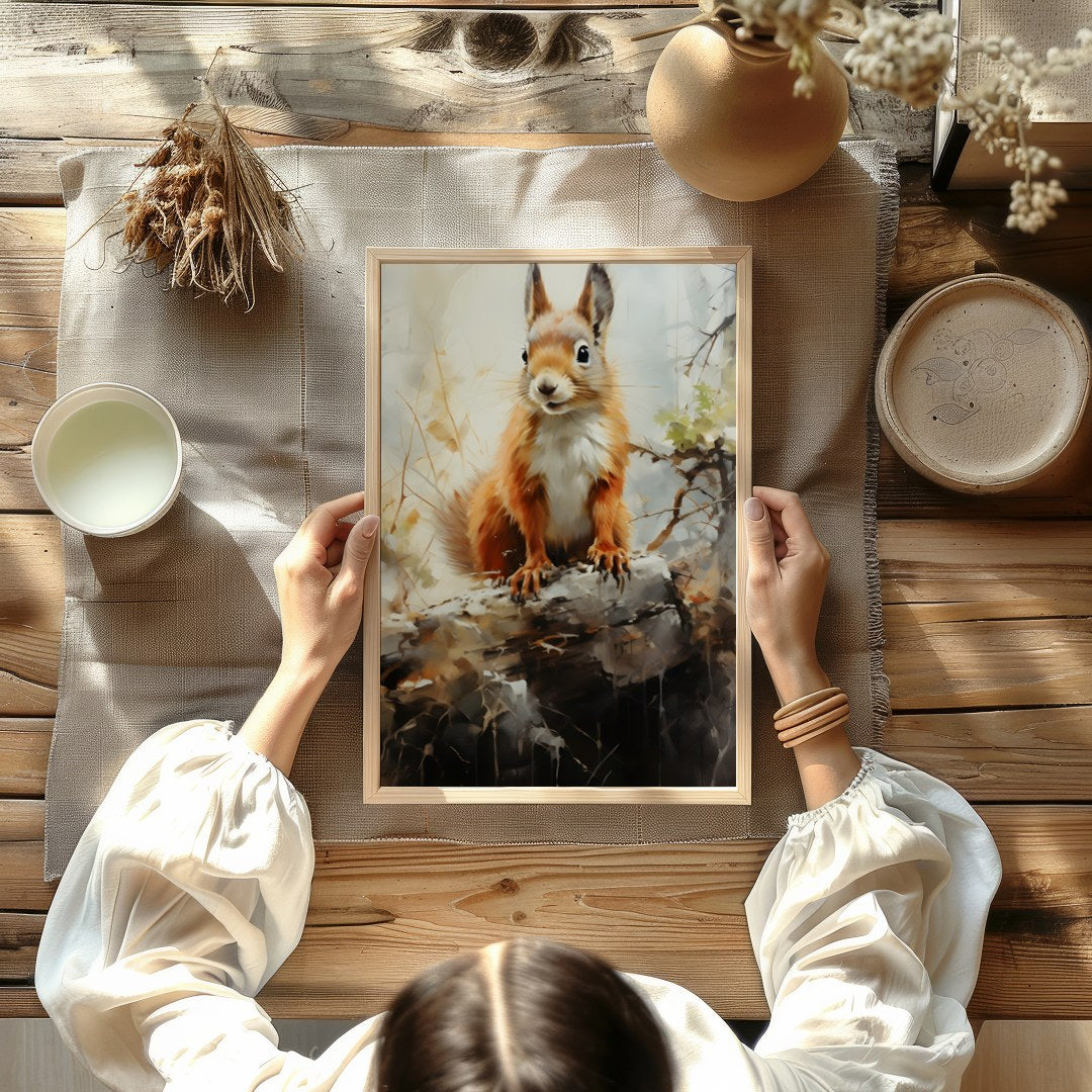 This charming artwork captures the curious spirit of a squirrel perched gracefully on a log. The for Kitchen
