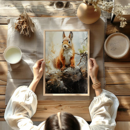 This charming artwork captures the curious spirit of a squirrel perched gracefully on a log. The for Kitchen