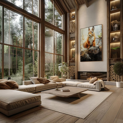 This charming artwork captures the curious spirit of a squirrel perched gracefully on a log. The for Living Room