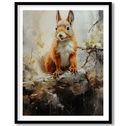 This charming artwork captures the curious spirit of a squirrel perched gracefully on a log. The for residence