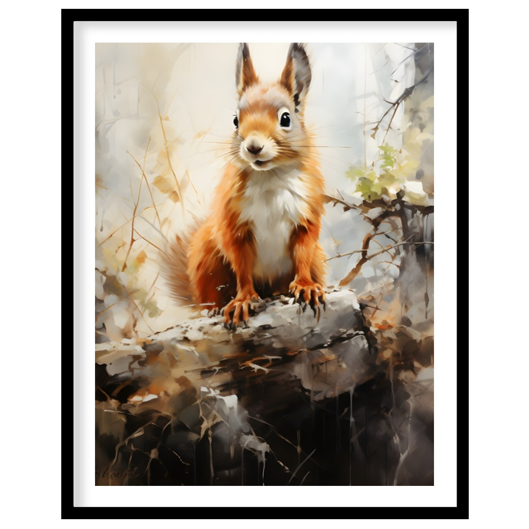 This charming artwork captures the curious spirit of a squirrel perched gracefully on a log. The for residence