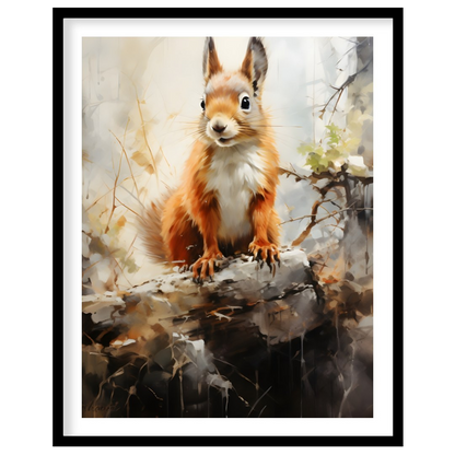 This charming artwork captures the curious spirit of a squirrel perched gracefully on a log. The for residence
