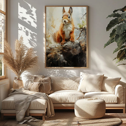 This charming artwork captures the curious spirit of a squirrel perched gracefully on a log. The for Sitting Area