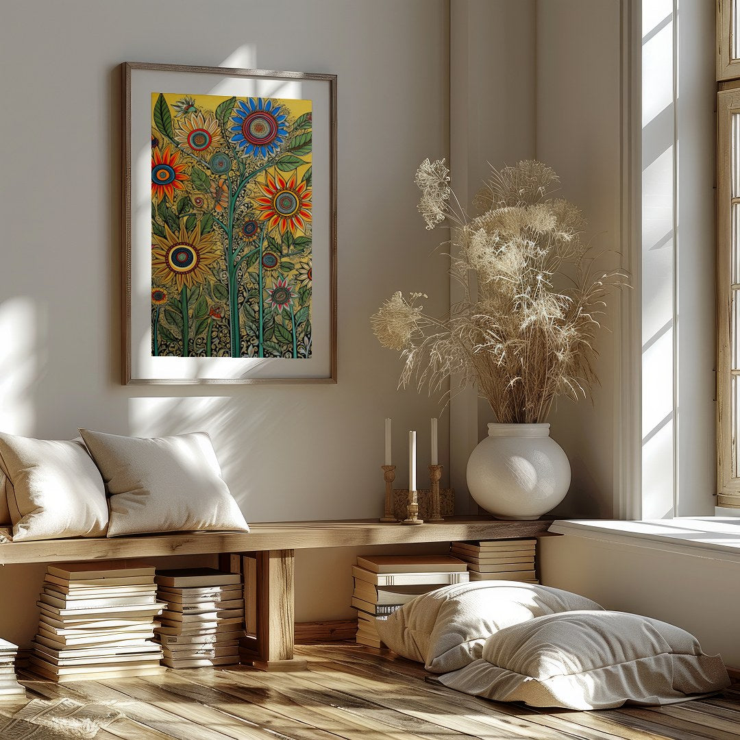 Bring your walls to life with this vibrant and intricate floral artwork. Featuring bold sunflowers for area
