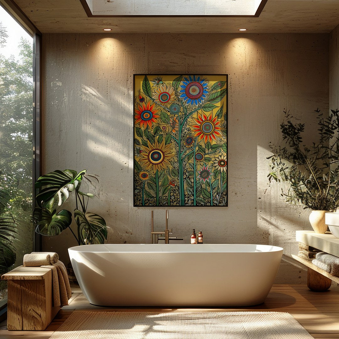 Bring your walls to life with this vibrant and intricate floral artwork. Featuring bold sunflowers for Bathroom