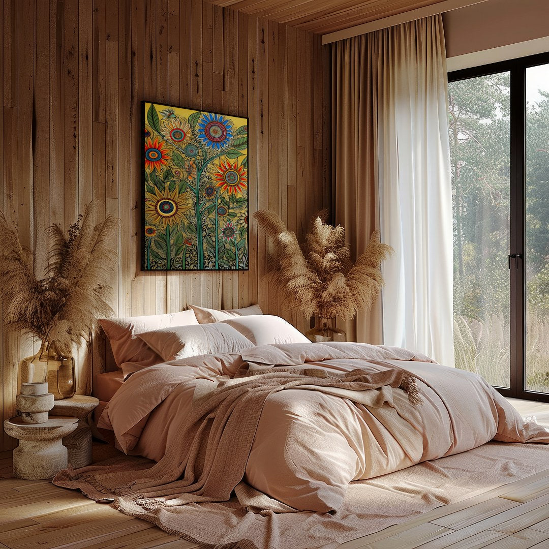 Bring your walls to life with this vibrant and intricate floral artwork. Featuring bold sunflowers for Bedroom