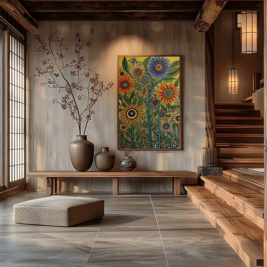 Bring your walls to life with this vibrant and intricate floral artwork. Featuring bold sunflowers for Hall