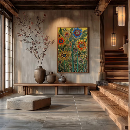 Bring your walls to life with this vibrant and intricate floral artwork. Featuring bold sunflowers for Hall