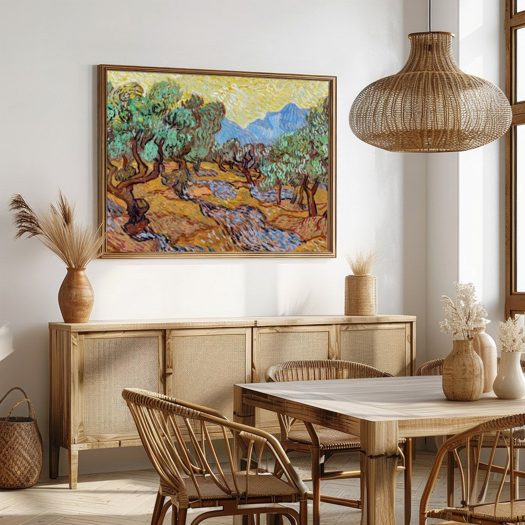 Immerse yourself in the vibrant energy of this beautiful olive grove painting. Its swirling for Dining