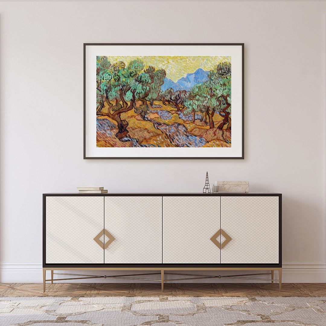 Immerse yourself in the vibrant energy of this beautiful olive grove painting. Its swirling for Foyer