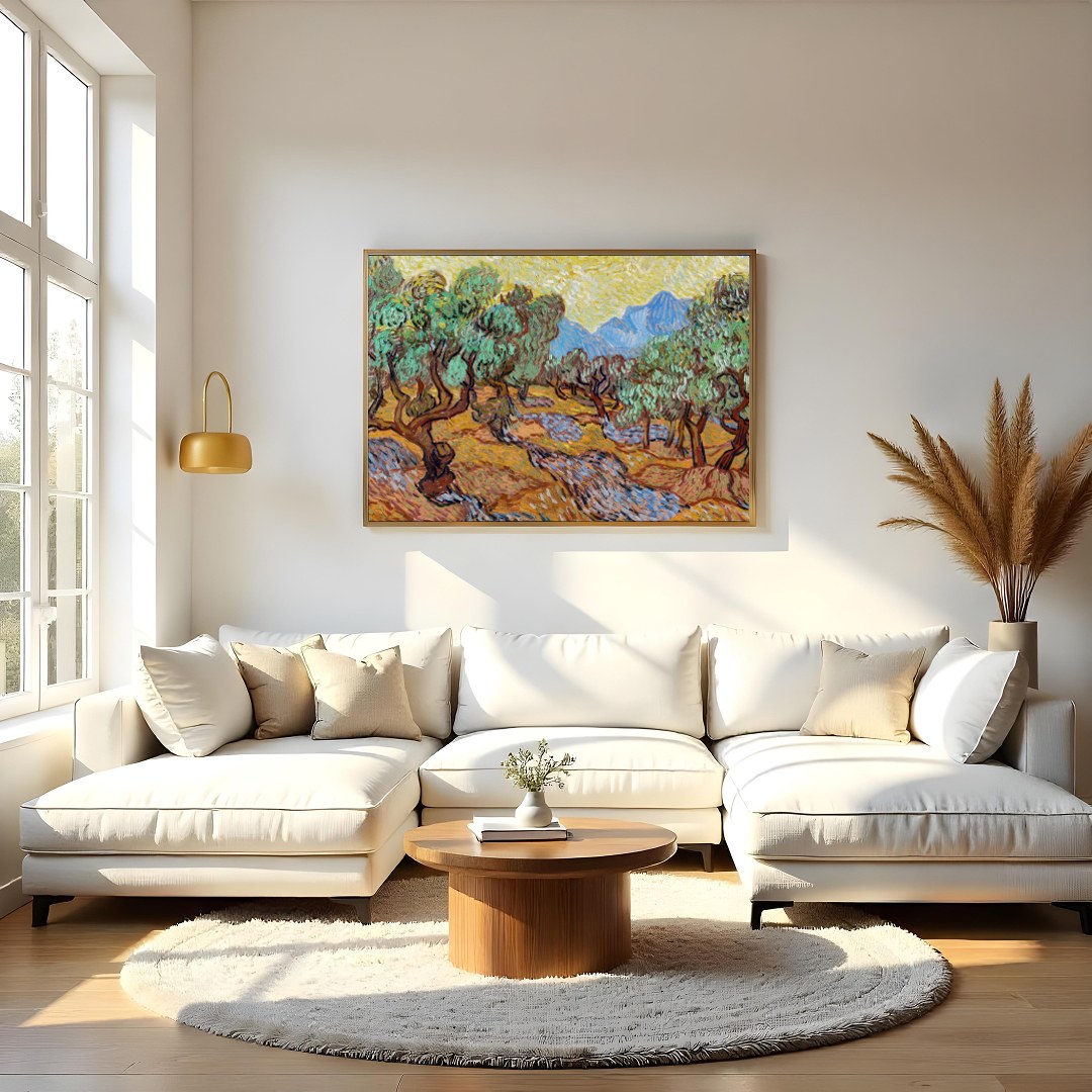 Immerse yourself in the vibrant energy of this beautiful olive grove painting. Its swirling for Living Room