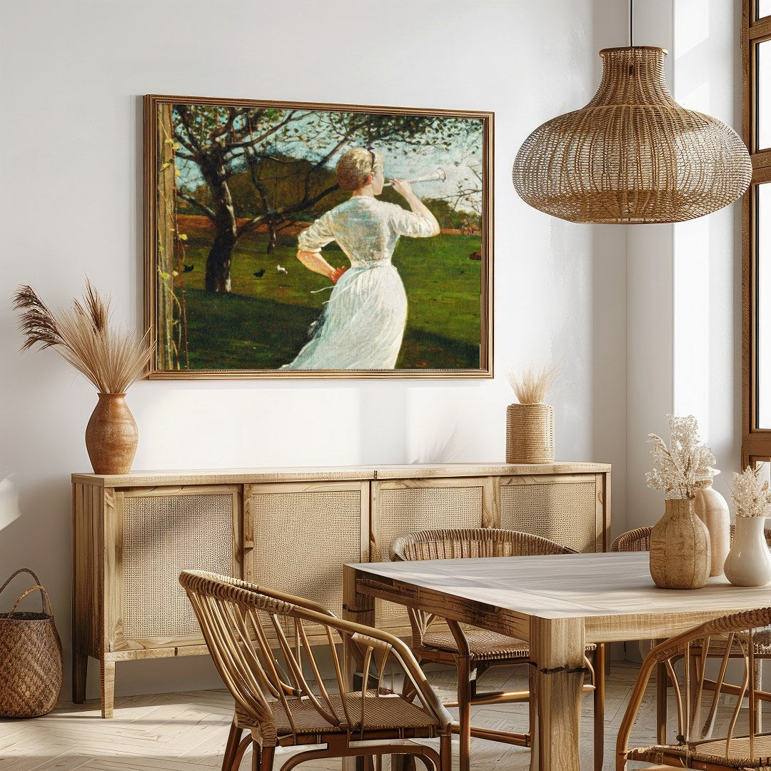 Captivate your senses with this enchanting artwork, where a daydreamer's gaze melds with a serene for Dining