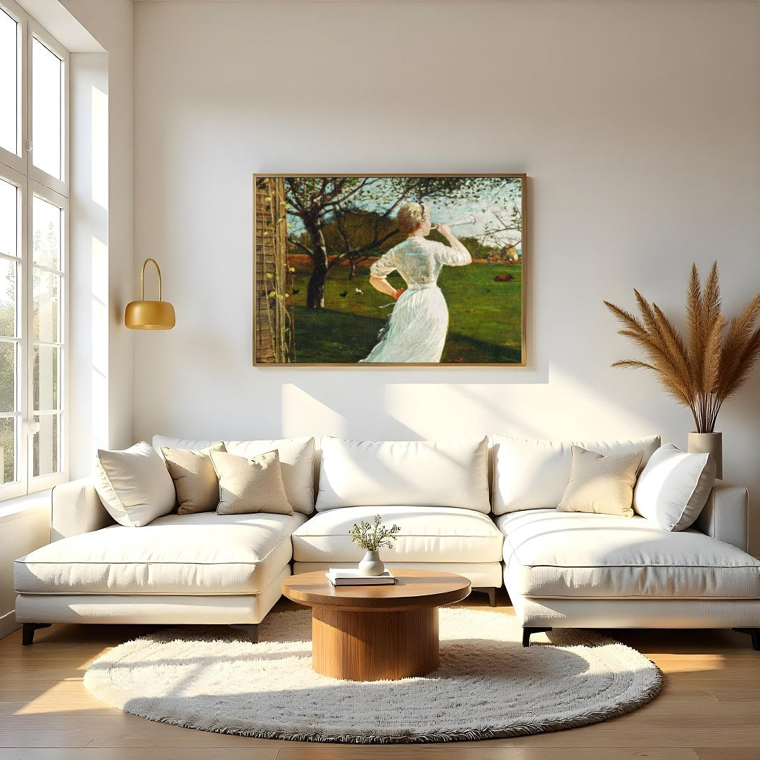 Captivate your senses with this enchanting artwork, where a daydreamer's gaze melds with a serene for Living Room