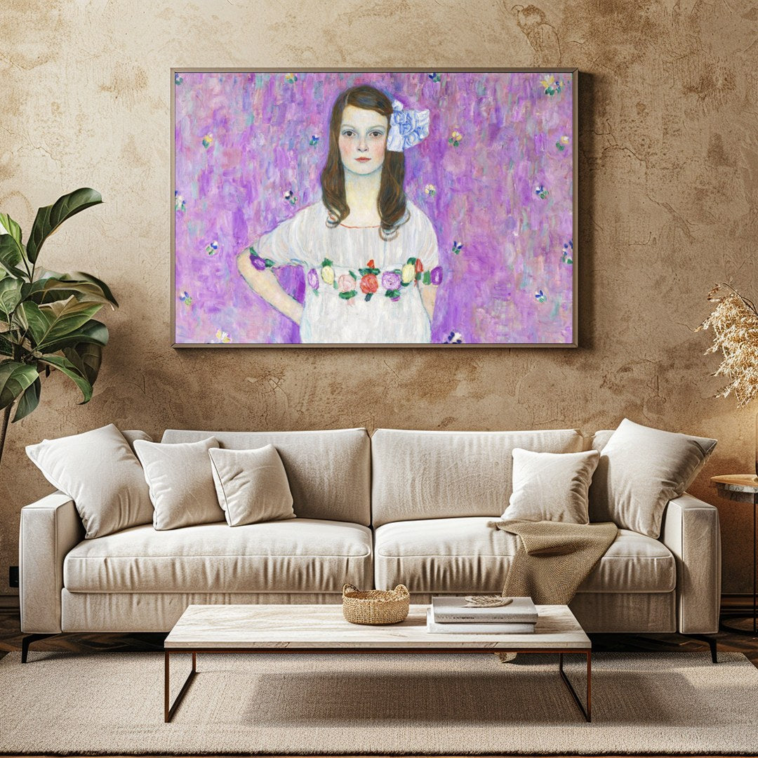 Immerse yourself in the delicate beauty of this enchanting artwork. A young girl stands serenely for Family Room