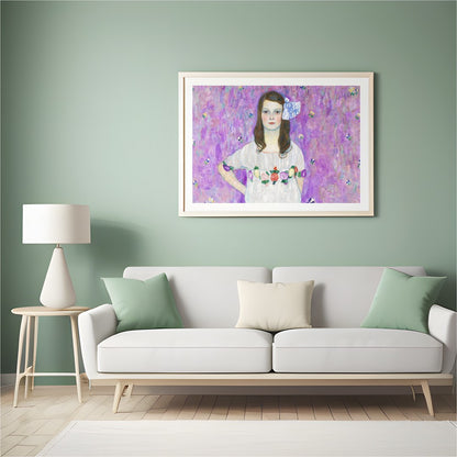 Immerse yourself in the delicate beauty of this enchanting artwork. A young girl stands serenely for Hall