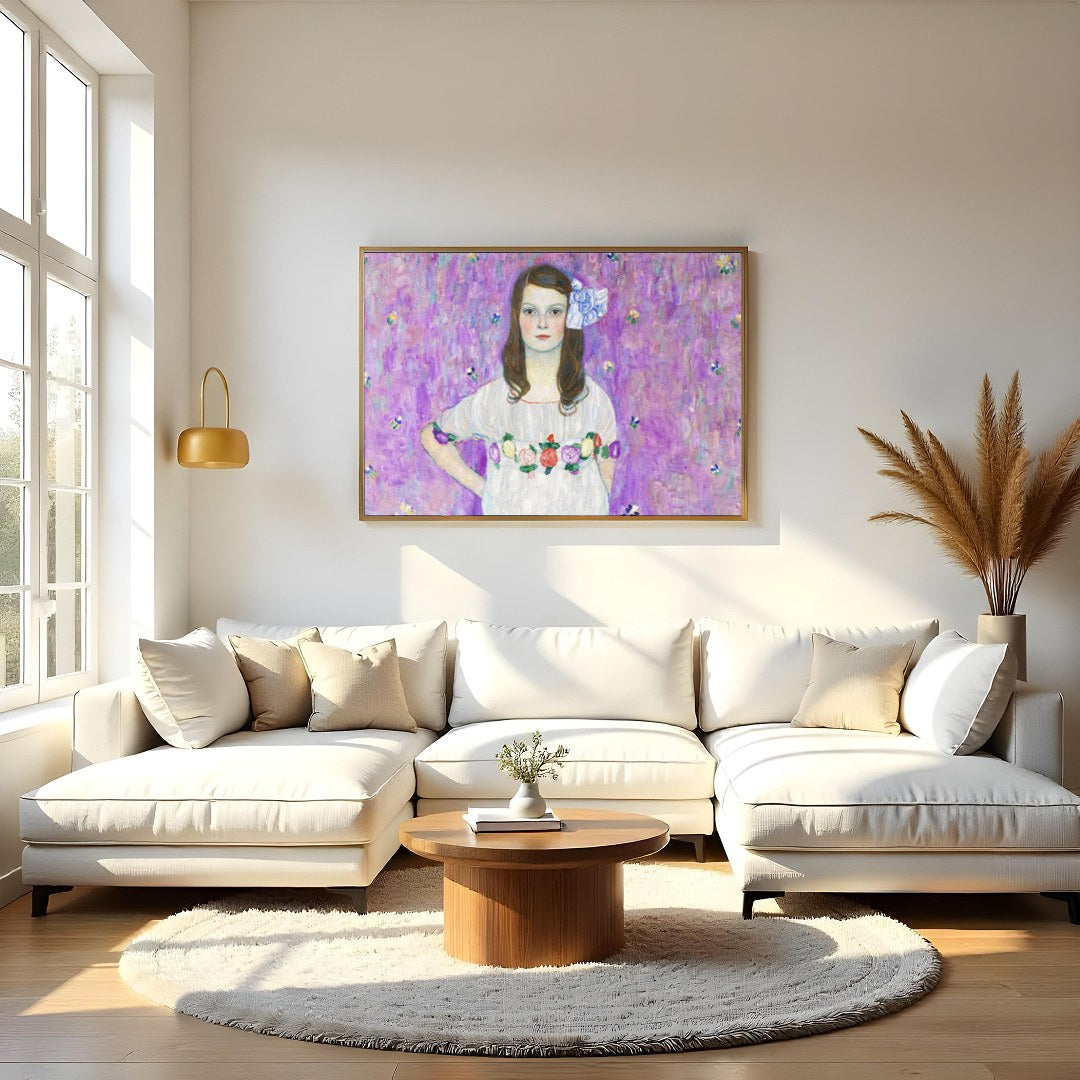 Immerse yourself in the delicate beauty of this enchanting artwork. A young girl stands serenely for Living Room