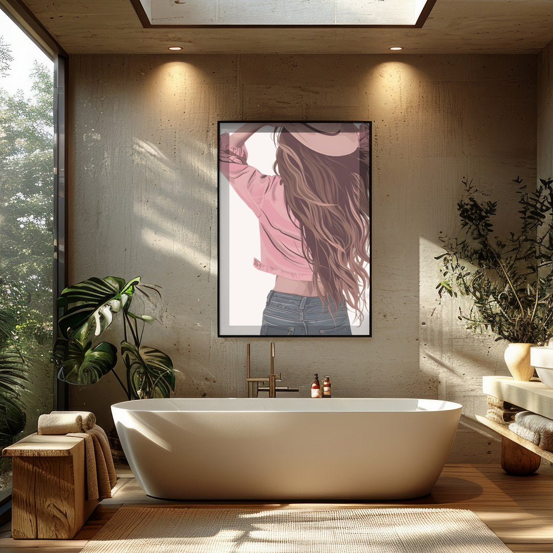 Step into a world of carefree elegance with this captivating artwork. Featuring a serene figure for Bathroom