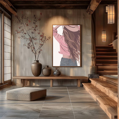 Step into a world of carefree elegance with this captivating artwork. Featuring a serene figure for Hall
