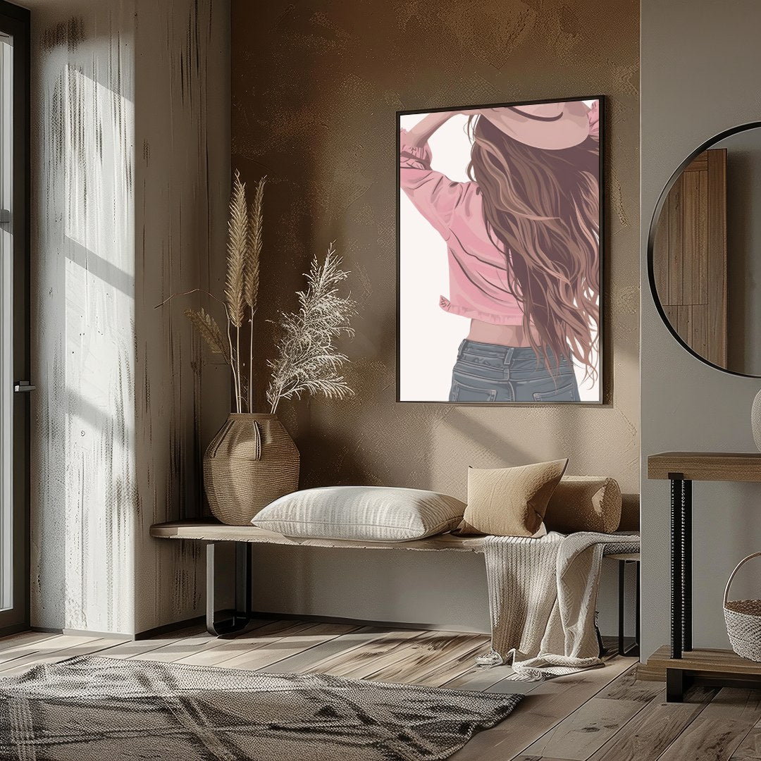 Step into a world of carefree elegance with this captivating artwork. Featuring a serene figure for kitchen