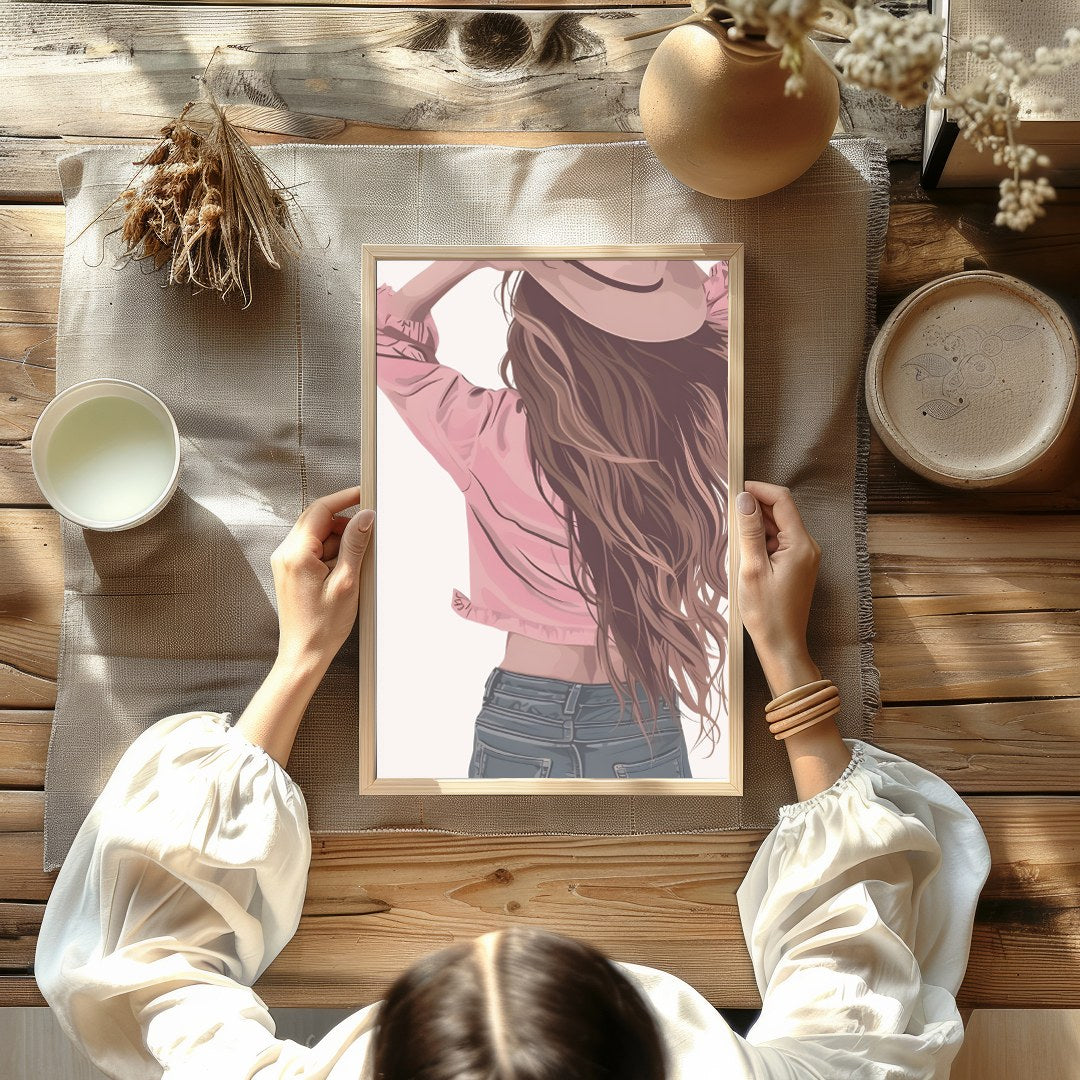Step into a world of carefree elegance with this captivating artwork. Featuring a serene figure for studio