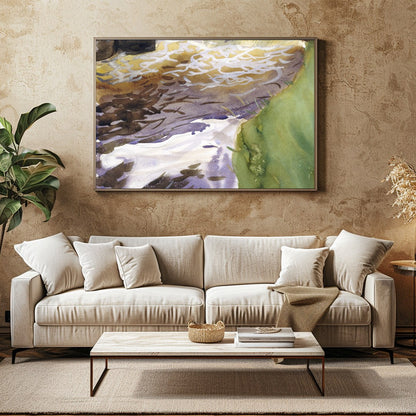 Immerse yourself in the tranquil beauty of this watercolor landscape, where earthy tones blend for Family Room