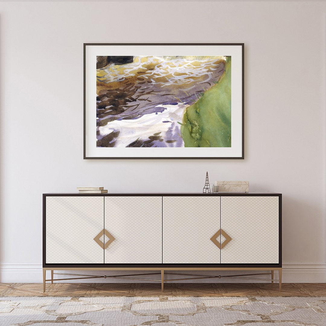 Immerse yourself in the tranquil beauty of this watercolor landscape, where earthy tones blend for Foyer