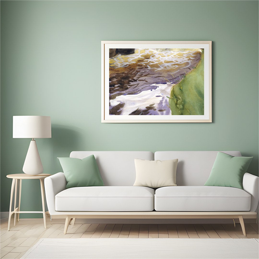 Immerse yourself in the tranquil beauty of this watercolor landscape, where earthy tones blend for Hall