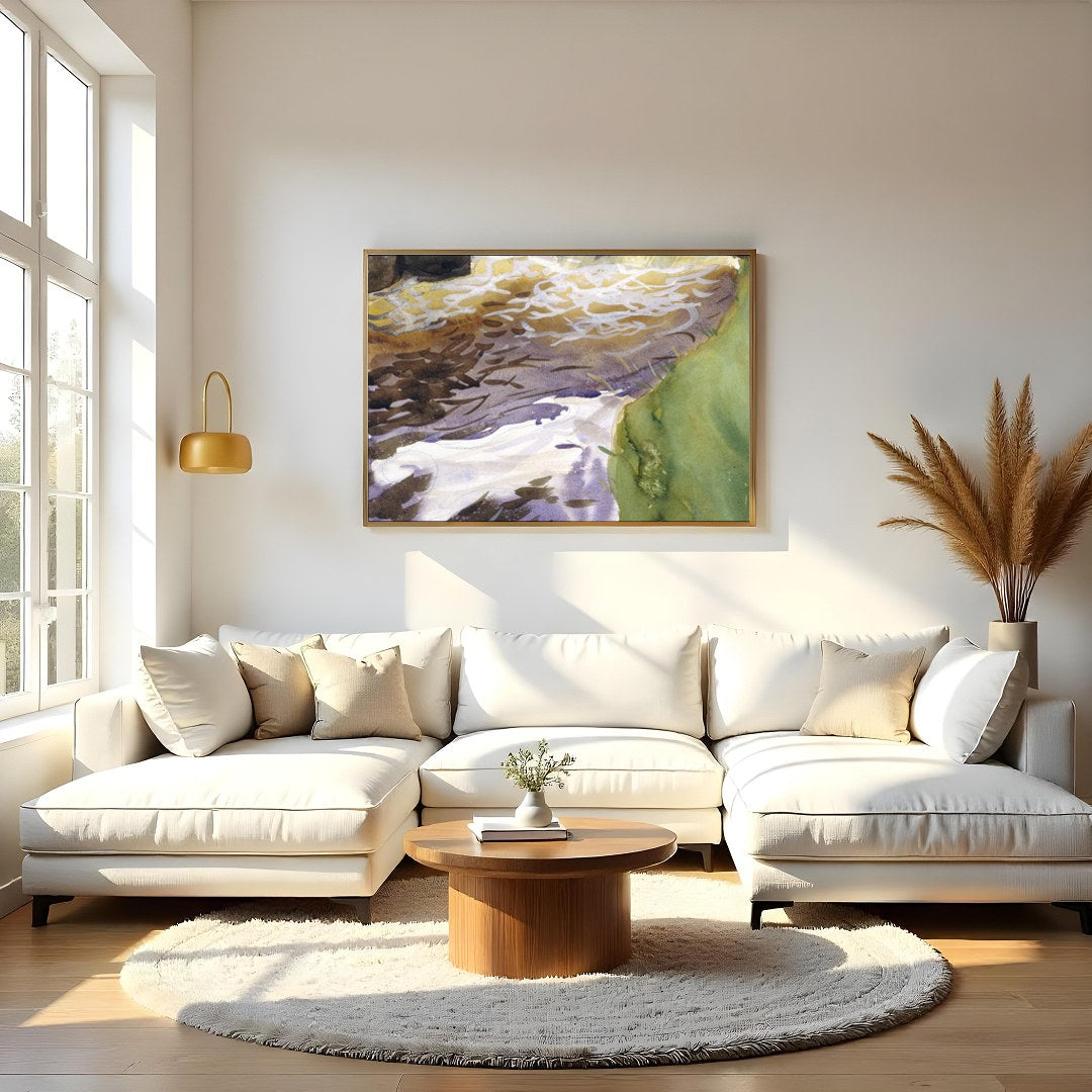 Immerse yourself in the tranquil beauty of this watercolor landscape, where earthy tones blend for Living Room
