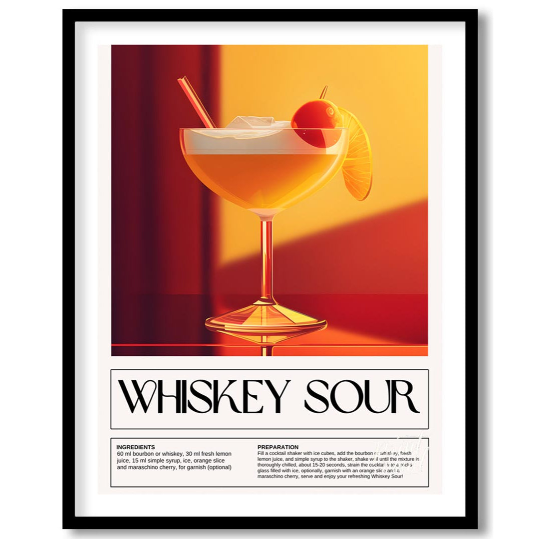This inviting and classic poster showcases a Whiskey Sour, presented in a wide-mouthed coupe glass,… for area