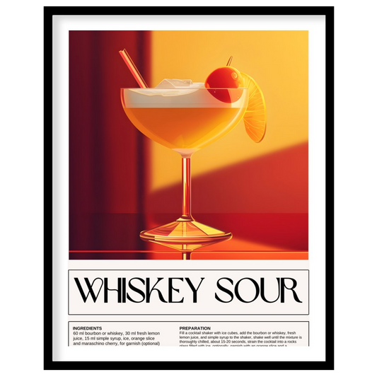 This inviting and classic poster showcases a Whiskey Sour, presented in a wide-mouthed coupe glass,… for area