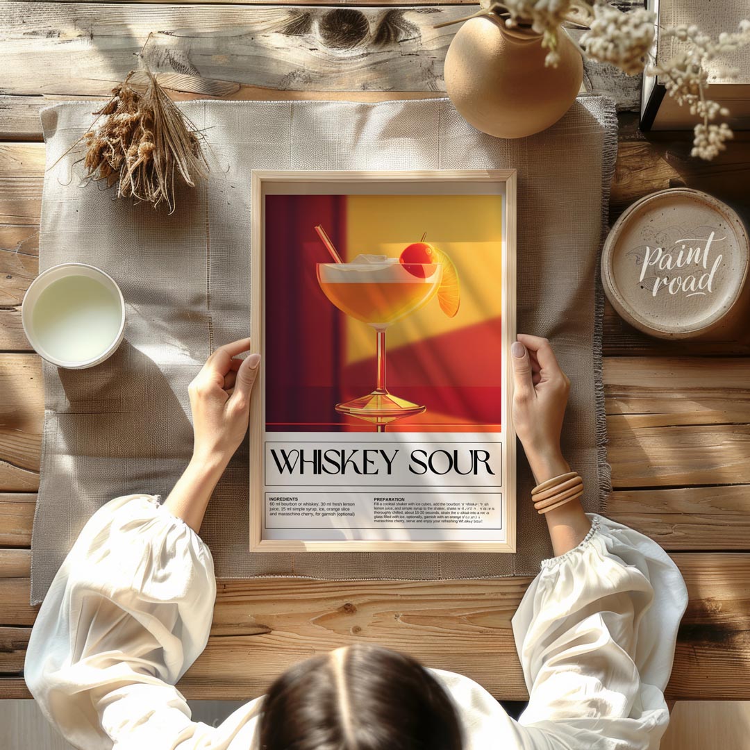 This inviting and classic poster showcases a Whiskey Sour, presented in a wide-mouthed coupe glass,… for dining room