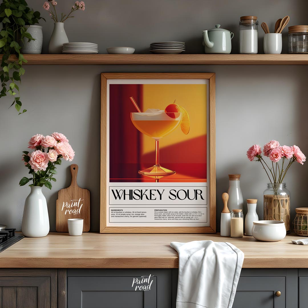 This inviting and classic poster showcases a Whiskey Sour, presented in a wide-mouthed coupe glass,… for kitchen