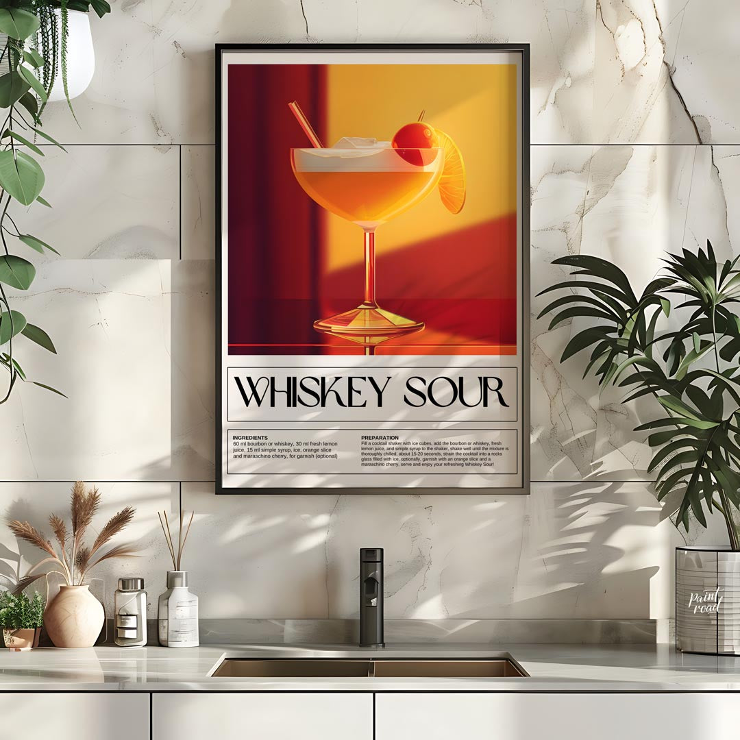 This inviting and classic poster showcases a Whiskey Sour, presented in a wide-mouthed coupe glass,… for kitchen