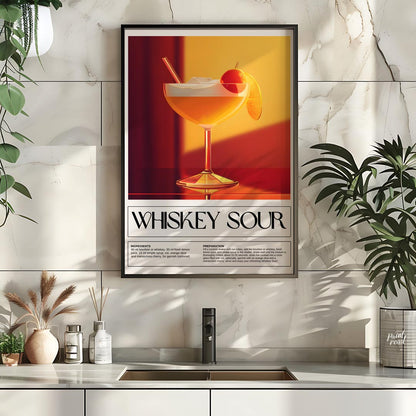 This inviting and classic poster showcases a Whiskey Sour, presented in a wide-mouthed coupe glass,… for kitchen