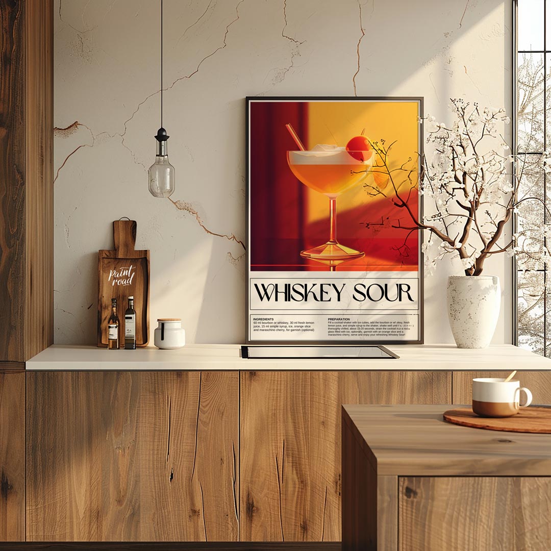 This inviting and classic poster showcases a Whiskey Sour, presented in a wide-mouthed coupe glass,… for kitchen
