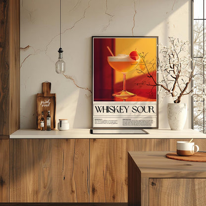 This inviting and classic poster showcases a Whiskey Sour, presented in a wide-mouthed coupe glass,… for kitchen