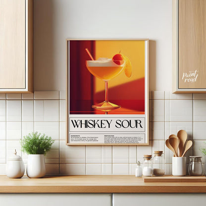 This inviting and classic poster showcases a Whiskey Sour, presented in a wide-mouthed coupe glass,… for kitchen
